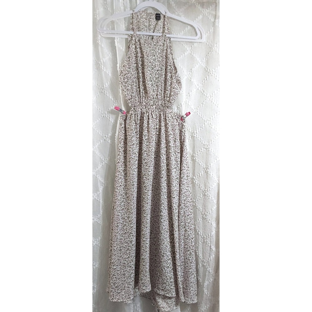 SHEIN Women Small Floral Halter Maxi Dress Cream Ditsy Print Backless Boho S